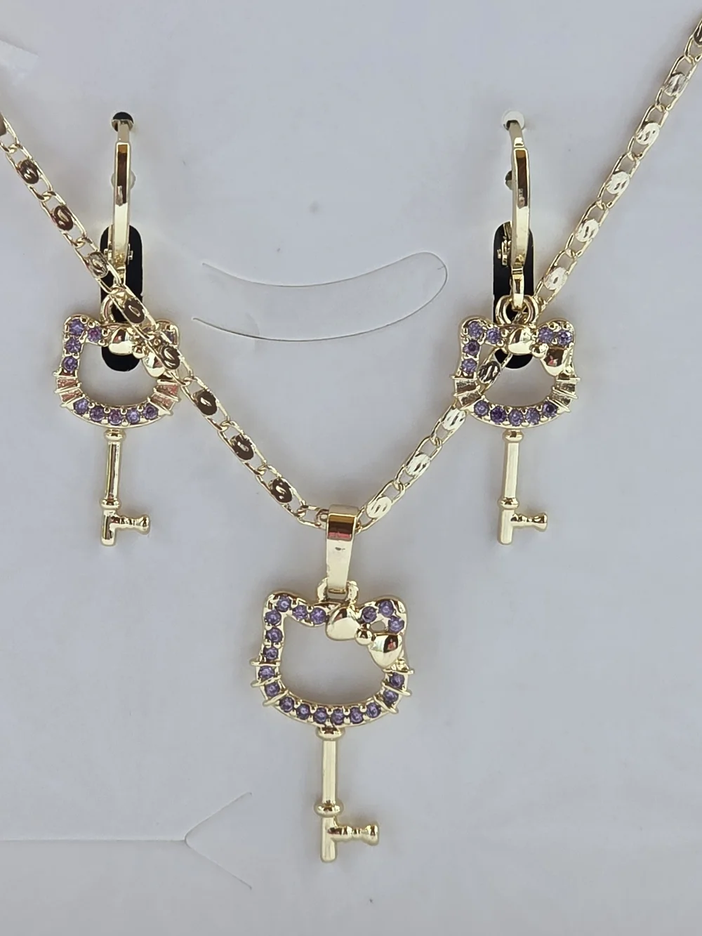 3-Piece 18K Gold Plated Hello Kitty Key Necklace & Earrings Jewelry Set (NWT)